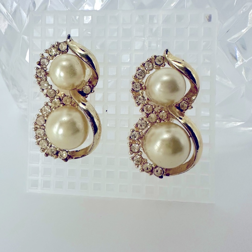 3” Vintage CORO Signed Crystal, Faux Pearl, Gold-Tone Cocktail Clip Earrings